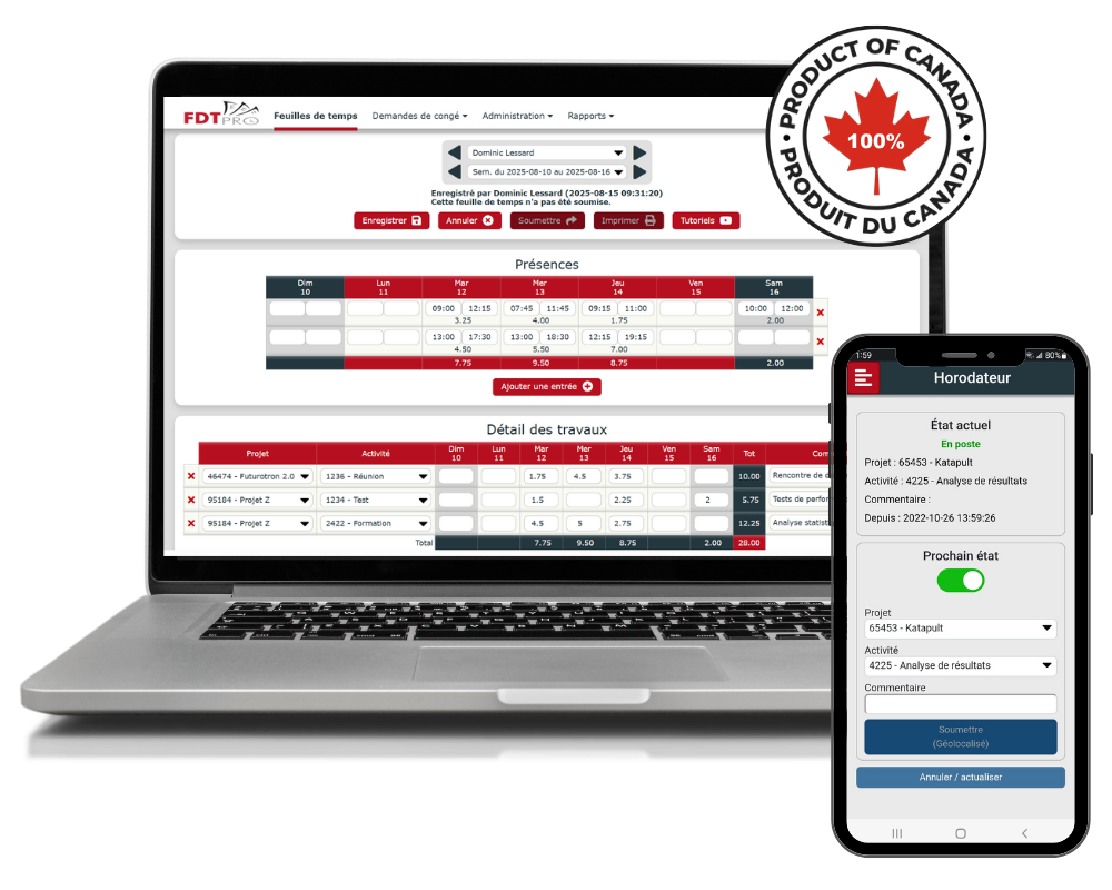 Logiciel de feuilles de temps FDTpro affiché sur ordinateur et mobile avec horodateur en ligne